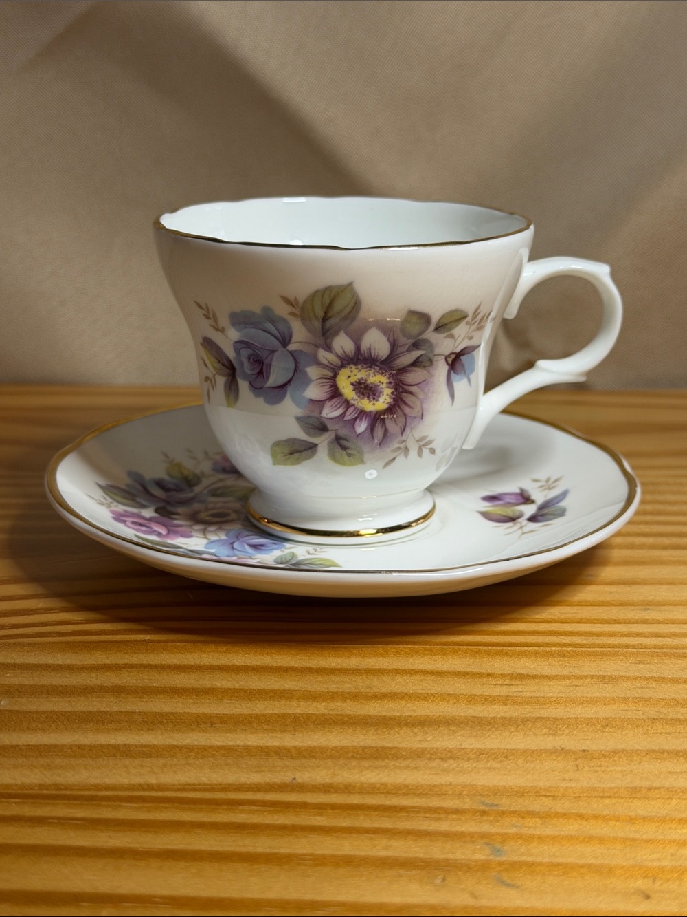 Vintage Crown Trent Fine Bone China Teacup & Saucer Set Purple Blue Floral
